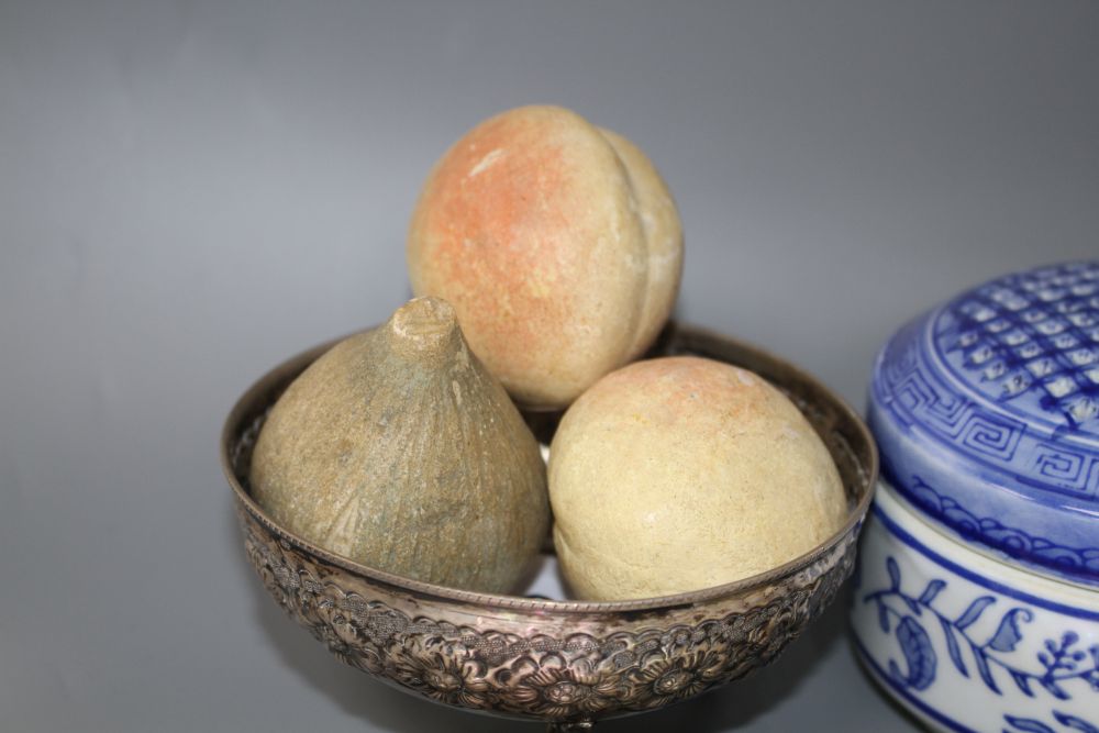 Three carved and painted hardstone fruits, 6cm, a mother of pearl overlaid case, a white metal bowl, a gilt glass vase and a Chinese po